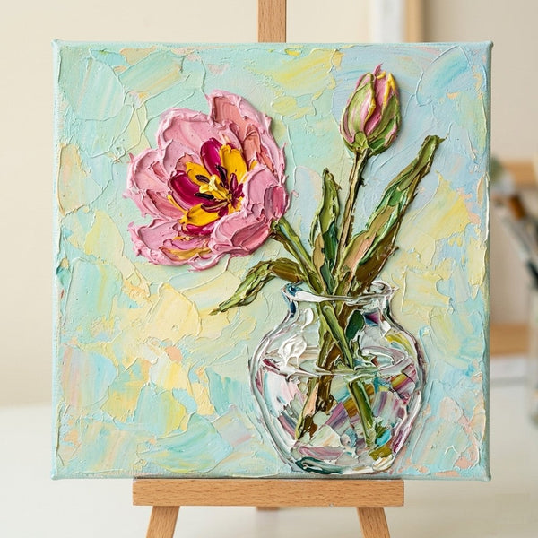 Original Oil Painting on Canvas, Pink Tulip in Glass Vase, Hand Painted Canvas Artwork, Original Flower Paintings, Small Canvas Artwork for Sale, Impasto Canvas Art