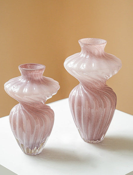 Mid Century Pink Vases for Flowers, Modern Vases for Living Room, Handmade Contemporary Glass Vases, Unique Decorative Glass Vase, Centerpiece Vases on Table-LargePaintingArt.com