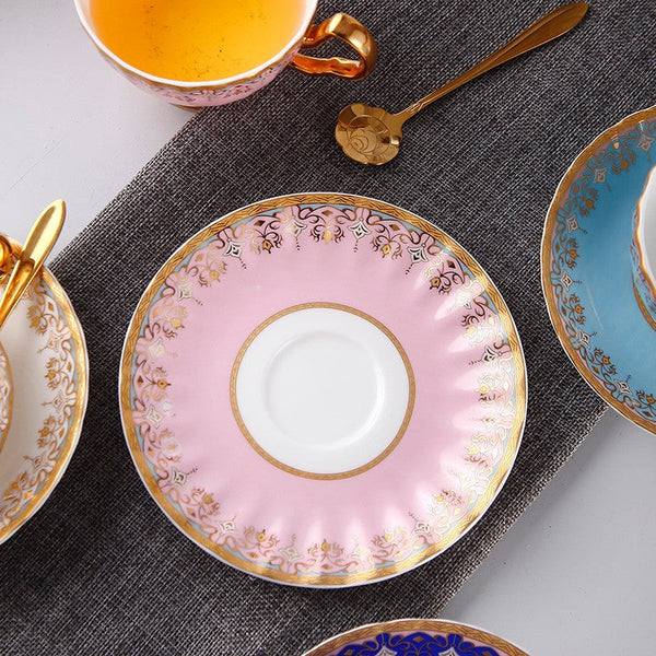 Pink Blue White Porcelain Tea Cup Sucer Set, Unique British Tea Cup and Saucer in Gift Box, Elegant British Ceramic Coffee Cups for Afternoon Tea-LargePaintingArt.com