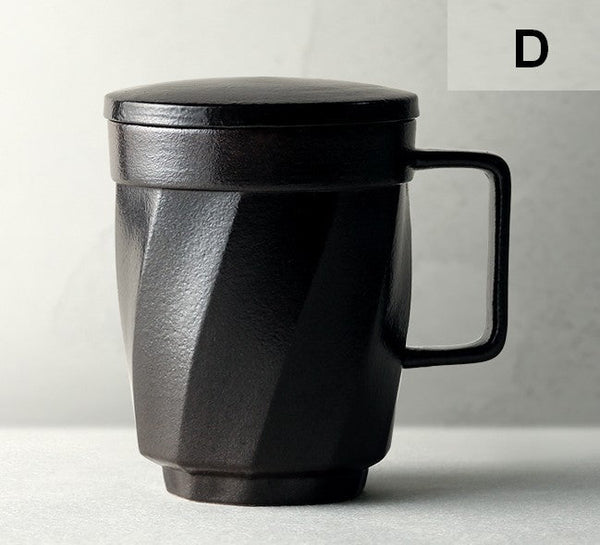 Creative Brown Green Blue Black Ceramic Coffee Mugs, Large Modern Handmade Pottery Coffee Cup, Large Unique Tea Cup, Large Capacity Coffee Mug with Cover-LargePaintingArt.com