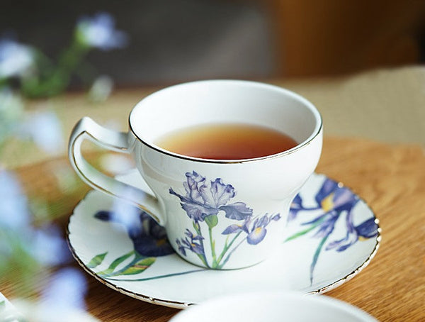 Beautiful Porcelain Tea Cup Saucer Set, Iris Flower British Tea Cups, Traditional English Tea Cup and Saucer, Unique Ceramic Coffee Cups in Gift Box-LargePaintingArt.com