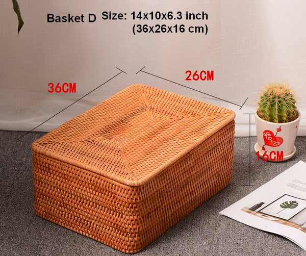 Woven Rattan Baskets, Rectangular Basket with Lid, Rectangular Storage Baskets, Storage Basket for Bedroom, Kitchen Storage Baskets-LargePaintingArt.com