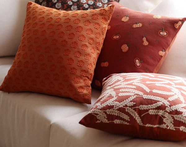 Wheat Stalk Pumpkin Decorative Throw Pillows, Decorative Pillows for Couch, Farmhouse Sofa Decorative Pillows, Embroider Cotton Pillow Covers-LargePaintingArt.com