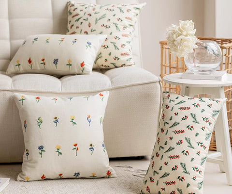 Decorative Pillows for Couch, Farmhouse Decorative Pillows for Sofa, Embroider Flower Cotton Pillow Covers, Spring Flower Decorative Pillows for Bedroom-LargePaintingArt.com