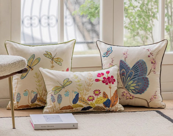 Butterfly Dragonfly Cotton and linen Pillow Cover, Modern Decorative Pillows for Couch, Decorative Throw Pillows for Living Room, Decorative Sofa Pillows-LargePaintingArt.com
