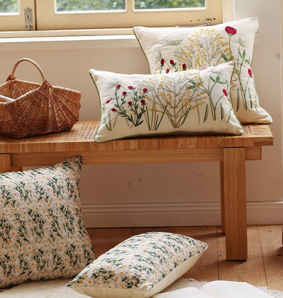 Decorative Pillows for Couch, Farmhouse Decorative Pillows for Sofa, Embroider Flower Cotton Pillow Covers, Spring Flower Decorative Pillows for Bedroom-LargePaintingArt.com