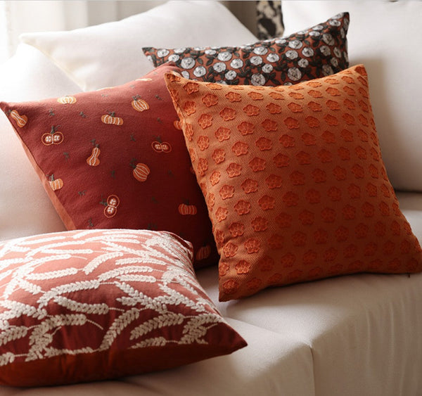 Wheat Stalk Pumpkin Decorative Throw Pillows, Decorative Pillows for Couch, Farmhouse Sofa Decorative Pillows, Embroider Cotton Pillow Covers-LargePaintingArt.com