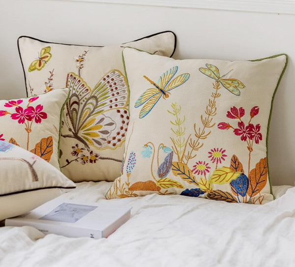Butterfly Dragonfly Cotton and linen Pillow Cover, Modern Decorative Pillows for Couch, Decorative Throw Pillows for Living Room, Decorative Sofa Pillows-LargePaintingArt.com
