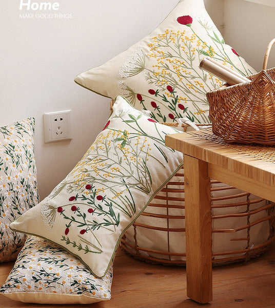 Farmhouse Decorative Pillows for Sofa, Embroider Flower Cotton Pillow Covers, Spring Flower Decorative Pillows for Bedroom, Decorative Pillows for Couch-LargePaintingArt.com