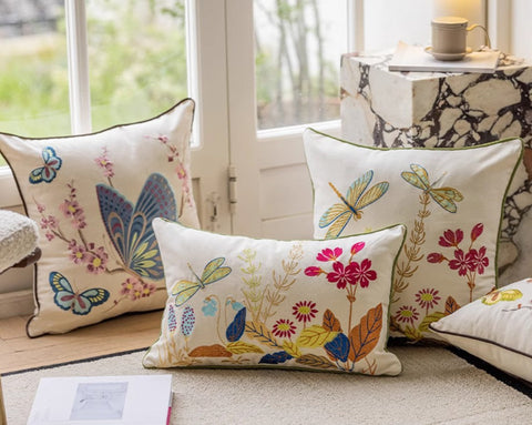 Butterfly Dragonfly Cotton and linen Pillow Cover, Modern Decorative Pillows for Couch, Decorative Throw Pillows for Living Room, Decorative Sofa Pillows-LargePaintingArt.com