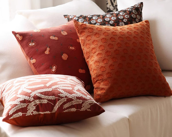 Wheat Stalk Pumpkin Decorative Throw Pillows, Decorative Pillows for Couch, Farmhouse Sofa Decorative Pillows, Embroider Cotton Pillow Covers-LargePaintingArt.com