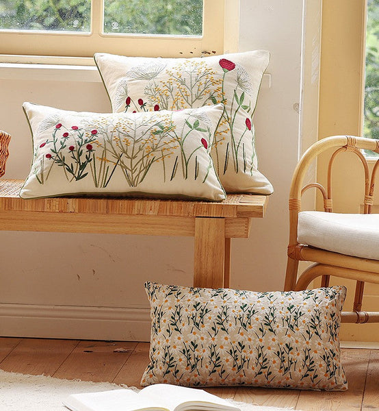 Farmhouse Decorative Pillows for Sofa, Embroider Flower Cotton Pillow Covers, Spring Flower Decorative Pillows for Bedroom, Decorative Pillows for Couch-LargePaintingArt.com