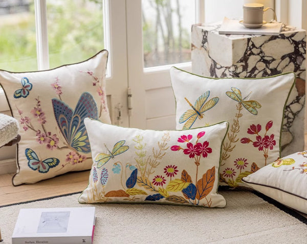 Butterfly Dragonfly Cotton and linen Pillow Cover, Modern Decorative Pillows for Couch, Decorative Throw Pillows for Living Room, Decorative Sofa Pillows-LargePaintingArt.com
