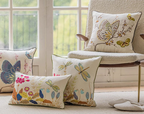 Butterfly Dragonfly Cotton and linen Pillow Cover, Modern Decorative Pillows for Couch, Decorative Throw Pillows for Living Room, Decorative Sofa Pillows-LargePaintingArt.com