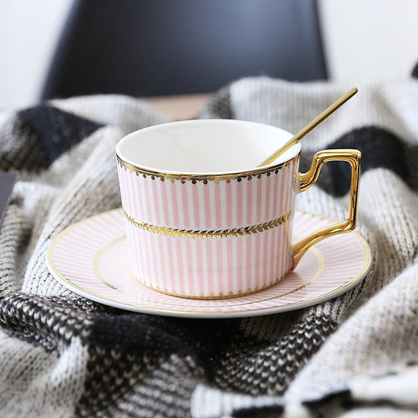 Latte Coffee Cups with Gold Trim and Gift Box, British Tea Cups, Elegant Porcelain Coffee Cups, Tea Cup and Saucer-LargePaintingArt.com