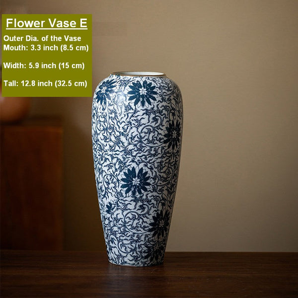 Centerpiece on Dining Table, Large Blue Flower Vase on Table, Vintage Bouquet Flower Vases, Handmade Porcelain Flower Vases Urn, Water Holding Flower Vases-LargePaintingArt.com