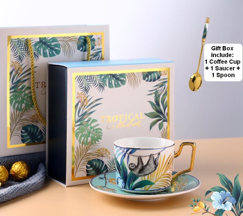 Elegant Porcelain Coffee Cups, Coffee Cups with Gold Trim and Gift Box, Tea Cups and Saucers, Jungle Animal Porcelain Coffee Cups-LargePaintingArt.com