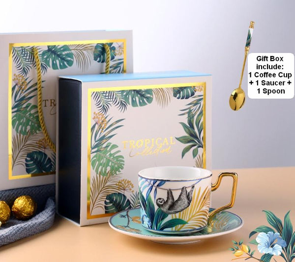 Handmade Coffee Cups with Gold Trim and Gift Box, 7.4 oz Tea Cup and Saucer, Jungle Tiger Porcelain Coffee Cups-LargePaintingArt.com