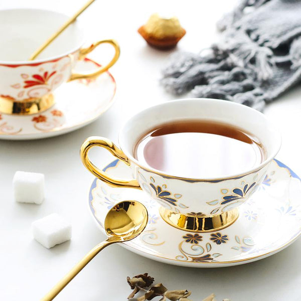 Tea Cup and Saucer, Coffee Cups with Gold Trim and Gift Box, British Tea Cups, Porcelain Coffee Cups, Latte Coffee Cups-LargePaintingArt.com