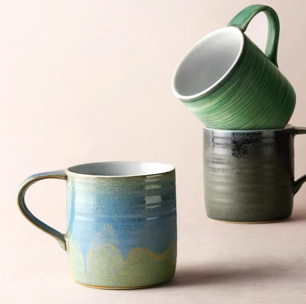 Blue Green Black Ceramic Coffee Mugs, Creative Handmade Coffee Mugs, Large Modern Handmade Pottery Coffee Cup, Large Capacity Coffee Mugs-LargePaintingArt.com