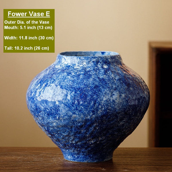 Modern Pottery Flower Vases, Handmade Water Holding Flower Vases, Centerpiece on Dining Table, Blue Pottery Bud Vases, Large Flower Vases on Table-LargePaintingArt.com