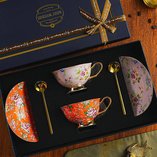 Porcelain Tea Cup Saucer Set of 2 Cups, Floral Ceramic Coffee Cup with Saucer, Beautiful British Tea Cup and Saucer, Flower Tea Cup and Saucer Set in Gift Box-LargePaintingArt.com