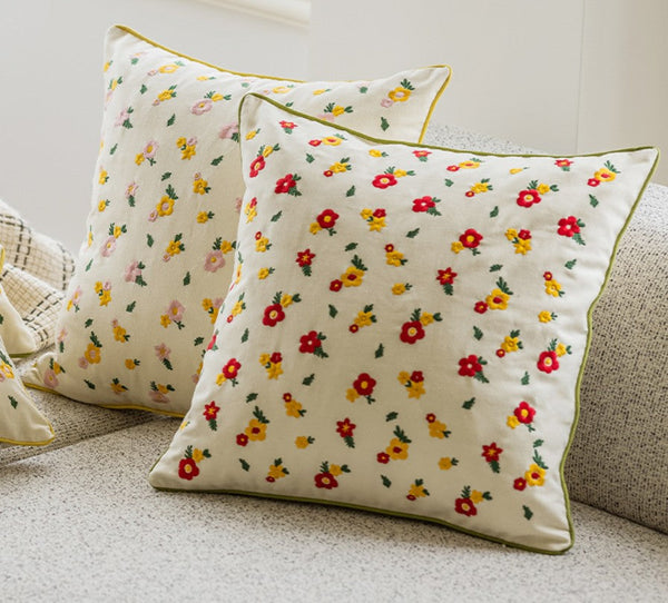 Embroider Flower Cotton Pillow Covers, Spring Flower Decorative Pillows for Dining Room, Decorative Pillows for Sofa, Farmhouse Decorative Pillows for Couch-LargePaintingArt.com