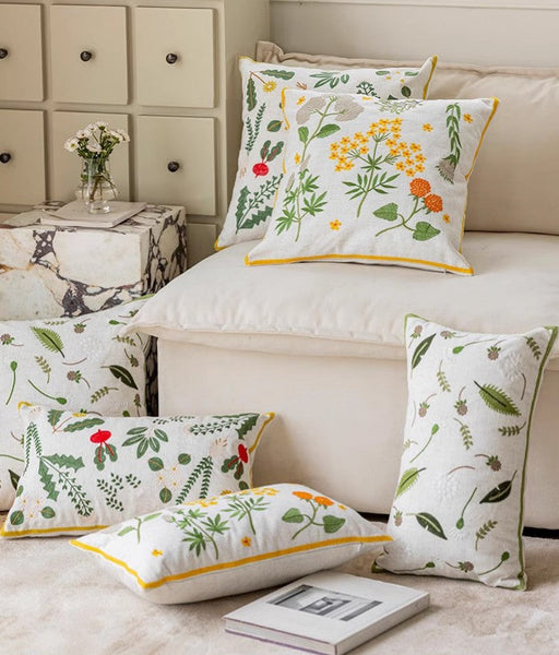 Decorative Pillows for Couch, Spring Flower Decorative Throw Pillows, Farmhouse Sofa Decorative Pillows, Embroider Flower Cotton Pillow Covers-LargePaintingArt.com