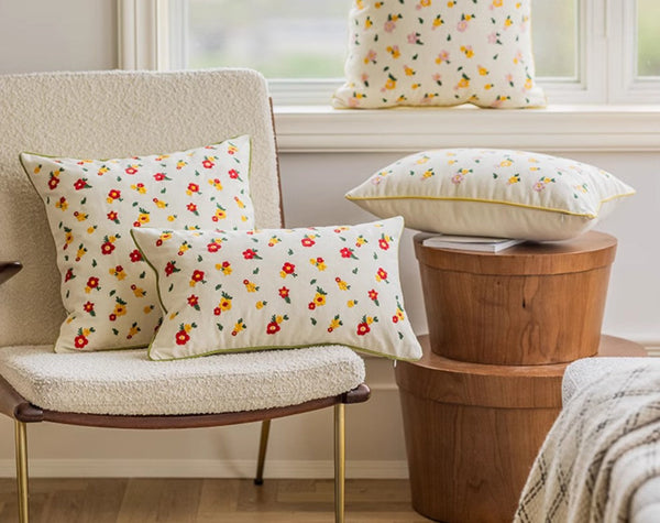 Spring Flower Decorative Pillows for Dining Room, Embroider Flower Cotton Pillow Covers, Decorative Pillows for Sofa, Farmhouse Decorative Pillows for Couch-LargePaintingArt.com