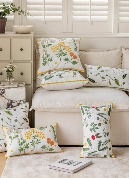 Decorative Pillows for Couch, Spring Flower Decorative Throw Pillows, Farmhouse Sofa Decorative Pillows, Embroider Flower Cotton Pillow Covers-LargePaintingArt.com