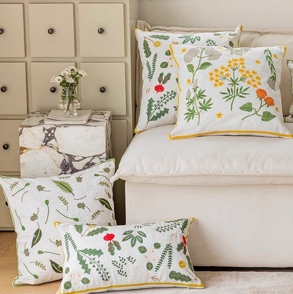Decorative Pillows for Couch, Spring Flower Decorative Throw Pillows, Farmhouse Sofa Decorative Pillows, Embroider Flower Cotton Pillow Covers-LargePaintingArt.com