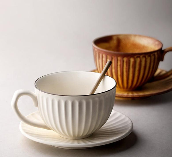 Brown Pottery Coffee Cups, Cappuccino Coffee Mug, Latte Coffee Cup, White Tea Cup, Ceramic Coffee Cup, Coffee Cup and Saucer Set-LargePaintingArt.com