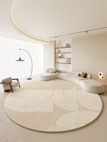 Geometric Circular Rugs for Dining Room, Cream Color Contemporary Modern Rugs, Modern Rugs under Coffee Table, Abstract Modern Round Rugs for Bedroom-LargePaintingArt.com
