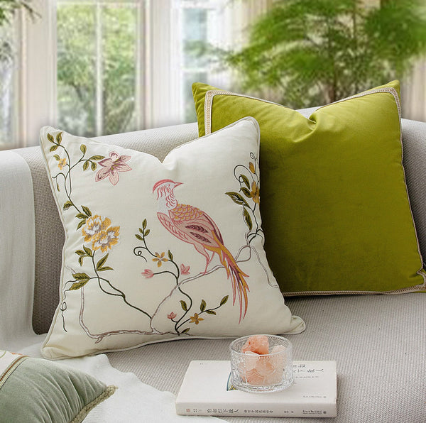 Decorative Pillows for Bed, Living Room Decorative Pillows, Modern Decorative Cushions, Decorative Pillow Arrangement Ideas for Interior Design, Embroidered Floral Bird Pattern Pillow Covers-LargePaintingArt.com