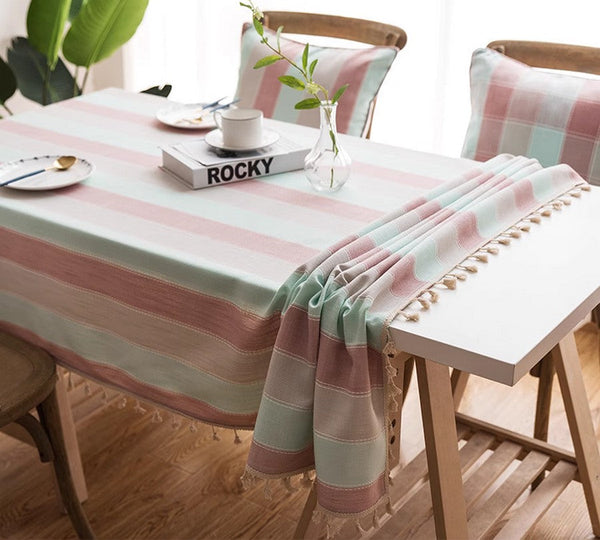 Rectangular Tablecloth for Oval Table, Rectangular Table Covers for Coffee Table, Pink Stripe Cotton and Linen Tablecloths, Modern Table Cloths for Dining Room-LargePaintingArt.com
