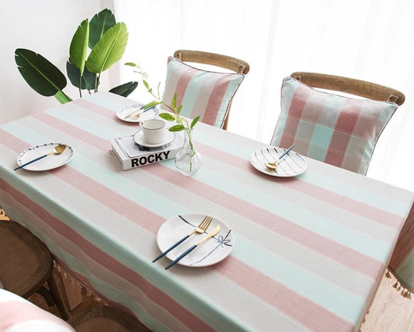 Rectangular Tablecloth for Oval Table, Rectangular Table Covers for Coffee Table, Pink Stripe Cotton and Linen Tablecloths, Modern Table Cloths for Dining Room-LargePaintingArt.com