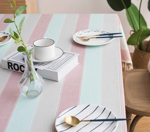 Rectangular Tablecloth for Oval Table, Rectangular Table Covers for Coffee Table, Pink Stripe Cotton and Linen Tablecloths, Modern Table Cloths for Dining Room-LargePaintingArt.com