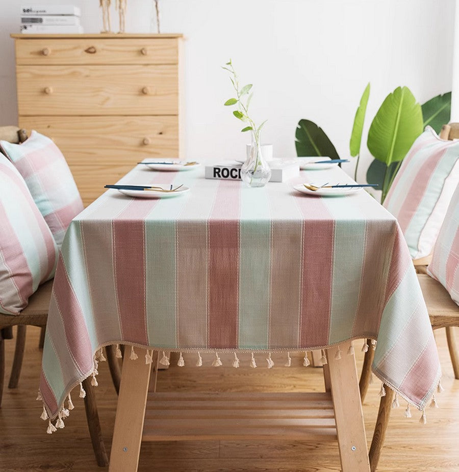 Rectangular Tablecloth for Oval Table, Rectangular Table Covers for Coffee Table, Pink Stripe Cotton and Linen Tablecloths, Modern Table Cloths for Dining Room-LargePaintingArt.com