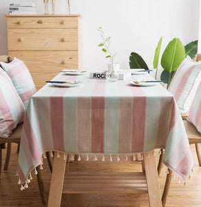 Rectangular Tablecloth for Oval Table, Rectangular Table Covers for Coffee Table, Pink Stripe Cotton and Linen Tablecloths, Modern Table Cloths for Dining Room-LargePaintingArt.com