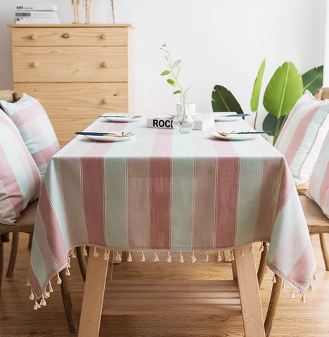 Rectangular Tablecloth for Oval Table, Rectangular Table Covers for Coffee Table, Pink Stripe Cotton and Linen Tablecloths, Modern Table Cloths for Dining Room-LargePaintingArt.com