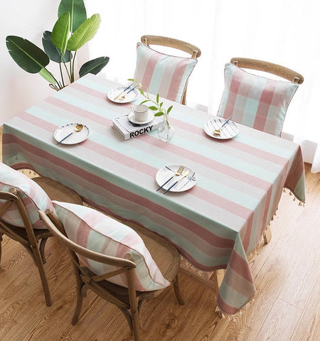 Pink Stripe Cotton and Linen Tablecloths, Rectangular Tablecloth for Oval Table, Rectangular Table Covers for Coffee Table, Modern Table Cloths for Dining Room-LargePaintingArt.com
