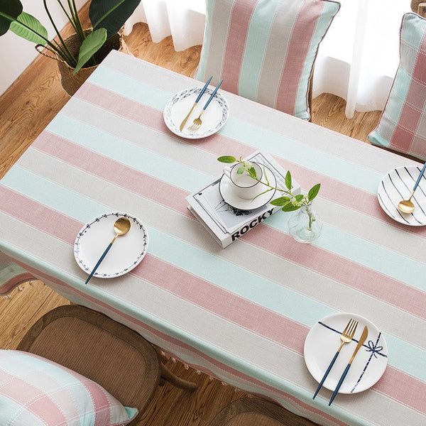 Rectangular Tablecloth for Oval Table, Rectangular Table Covers for Coffee Table, Pink Stripe Cotton and Linen Tablecloths, Modern Table Cloths for Dining Room-LargePaintingArt.com