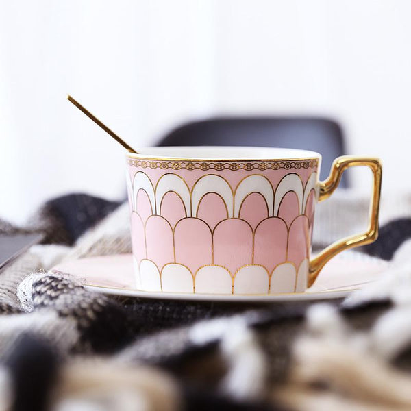 Latte Coffee Cups with Gold Trim and Gift Box, British Tea Cups, Elegant Porcelain Coffee Cups, Tea Cup and Saucer-LargePaintingArt.com