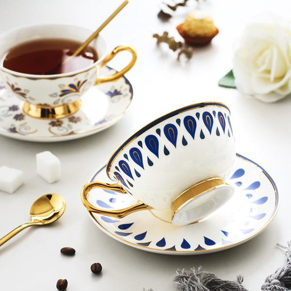 Tea Cup and Saucer, Coffee Cups with Gold Trim and Gift Box, British Tea Cups, Porcelain Coffee Cups, Latte Coffee Cups-LargePaintingArt.com