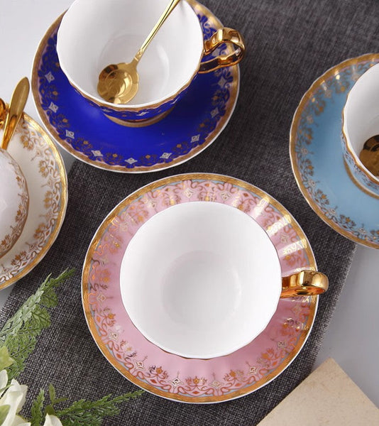 Unique British Tea Cup and Saucer in Gift Box, Pink Blue White Porcelain Tea Cup Saucer Set, Elegant British Ceramic Coffee Cups for Traditional Afternoon Tea-LargePaintingArt.com
