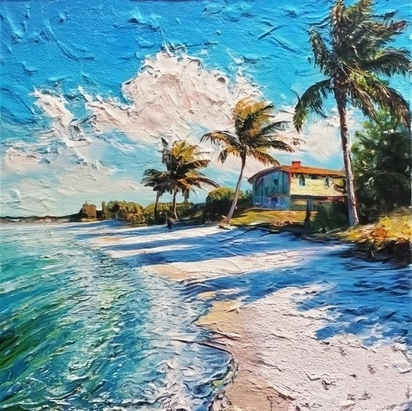 Original Small Landscape Paintings, Heavy Small Palette Knife Oil Paintings, Florida Seashore Beach Painting, Heavy Texture Canvas Art, Easy Landscape Painting Ideas, Simple Small Canvas Paintings-LargePaintingArt.com