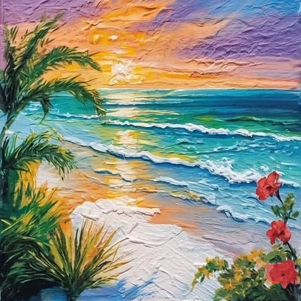 Heavy Texture Canvas Art, Small Palette Knife Oil Paintings, Original Small Landscape Paintings, Florida Seashore Beach Flower Painting, Easy Landscape Painting Ideas, Simple Small Canvas Paintings-LargePaintingArt.com