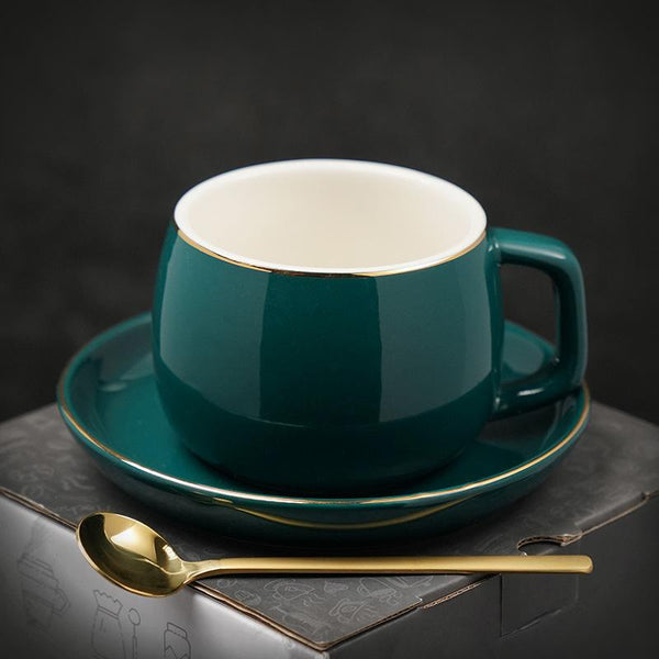 Handmade Black Coffee Cup, Green Coffee Mug, White Coffee Cups, Tea Cup, Ceramic Cup, Round Coffee Cup and Saucer Set-LargePaintingArt.com