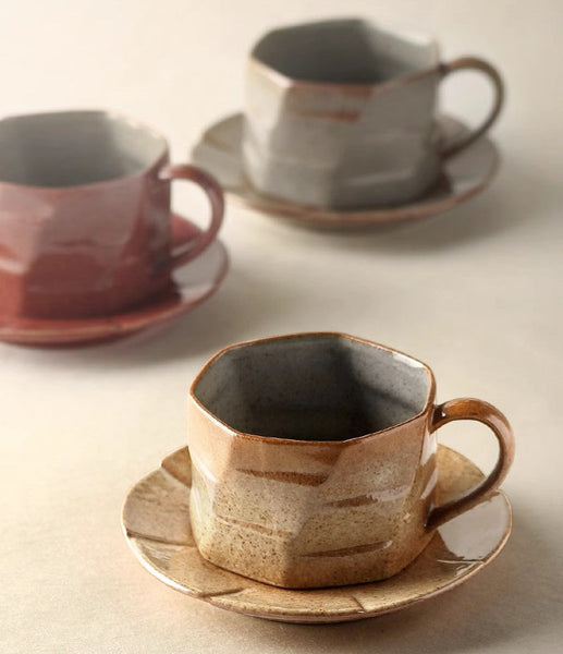 Unique Tea Cup and Saucer, 8 oz Modern Handmade Pottery Coffee Cup, Creative Ceramic Coffee Cup with Saucer, Tea Cup Set for Traditional Afternoon Tea-LargePaintingArt.com