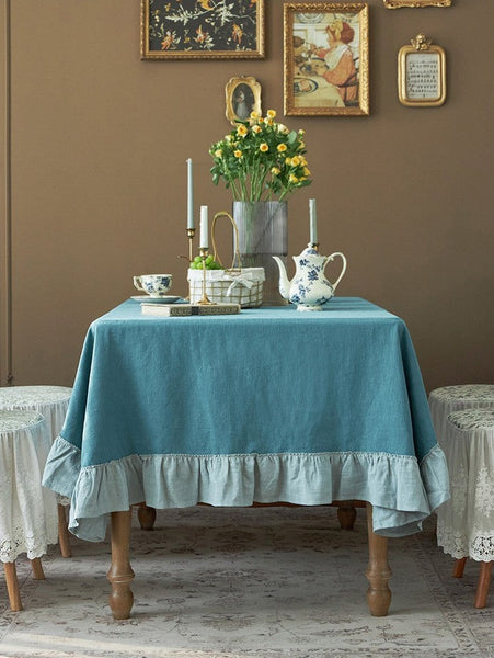Extra Large Rectangle Tablecloth for Dining Room Table, Blue Modern Long Table Cover, Ramie Tablecloth for Home Decoration, Square Tablecloth for Round Table-LargePaintingArt.com